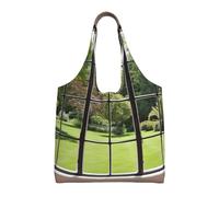 AABSTBFM Window view lawn Printed Womens Tote Bags Shopping Bags, Reusable Canvas Shoulder Grocery Bags Shopper Handbag Toy Bag for Work School Travel Beach