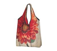 AABSTBFM Wooden Board Retro Flower Red Dahlia Printed Foldable Shopping Bag 1 PCS, Reusable Waterproof Grocery Bag Large Tote Bag, Shopper Handbag, And Beach Bag