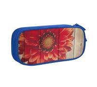 AABSTBFM Wooden Board Retro Flower Red Dahlia Printed Pencil Case Pen Pouch Bag with Zipper, Blue Large Capacity Pencil Box for School, Office, Travel