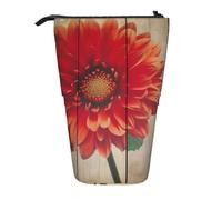 AABSTBFM Wooden Board Retro Flower Red Dahlia Printed Pencil Case - Telescopic Standing Pen Bag and Makeup Pouch for School, Office, Travel