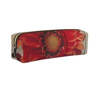 AABSTBFM Wooden Board Retro Flower Red Dahlia Printed Square Pencil Case Cute Leather Gold Zipper Pen Pencil Pouch Bag for School, Office, and Travel