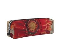 AABSTBFM Wooden Board Retro Flower Red Dahlia Printed Square Pencil Case Cute Leather Silver Zipper Pen Pencil Pouch Bag for School, Office, and Travel