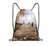 AABSTBFM Wooden Jetty with Fallen Leaves Printed Lightweight Drawstring Backpack | M - String Backpack Bags For Gym, Travel, Shopping, School