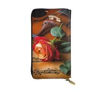 AABSTBFM Wooden Violin and Rose Printed Leather Wallet for Women Men Zipper Purse Clutch Bag Long Wallet Card Holder
