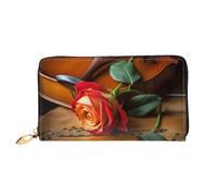 AABSTBFM Wooden Violin and Rose Printed Leather Wallet for Women Men Zipper Purse Clutch Bag Long Wallet Card Holder