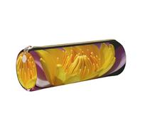 AABSTBFM Yellow Lotus Flower Printed Round Pencil Case Cute Leather Gold Zipper Pen Pencil Pouch Bag for School, Office, and Travel
