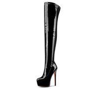 Aachcol Patent Leather Over The Knee Stiletto Boots Platform Thigh High Boots Round Toe Side Zipper Sexy Dress High Heel Boots 5.9 Inches Heels, Black, 7.5 UK