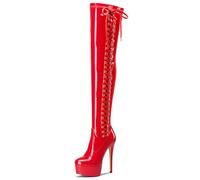 Aachcol Womens Over The Knee Platform Stiletto Lace-up Boots Patent Leather Thigh High Zipper High Heel Party Dress Boots 5.9 Inches Heels, Red, 6 UK