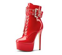 Aachcol Womens Stiletto High Heel Platform Ankle Boots Round Toe Lace-up Zipper Mid Calf Buckle Patent Leather Dress Booties, Red, 7 UK
