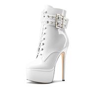 Aachcol Womens Stiletto High Heel Platform Ankle Boots Round Toe Lace-up Zipper Mid Calf Buckle Patent Leather Dress Booties, White, 5 UK