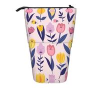AACPPB Bold Purple Yellow Tulip Print Adjustable Telescopic Case, Expandable Storage for Pens, Makeup, Small Items, Portable Bag