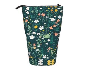 AACPPB Breezy Green Pink Wildflower Print Adjustable Telescopic Case, Expandable Storage for Pens, Makeup, Small Items, Portable Bag