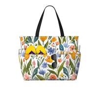 AACPPB Bright Orange Pink Bouquet Printed Oversized Beach Tote, Multi-Pocket Travel Bag, Lightweight Waterproof Pool Handbag