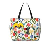 AACPPB Bright Red Blue Bouquet Printed Oversized Beach Tote, Multi-Pocket Travel Bag, Lightweight Waterproof Pool Handbag