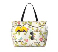 AACPPB Cheerful Pink Green Bird Printed Oversized Beach Tote, Multi-Pocket Travel Bag, Lightweight Waterproof Pool Handbag