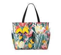 AACPPB Contrasting yellow tulips Printed Oversized Beach Tote, Multi-Pocket Travel Bag, Lightweight Waterproof Pool Handbag