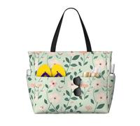 AACPPB Gentle Pink Green Floral Printed Oversized Beach Tote, Multi-Pocket Travel Bag, Lightweight Waterproof Pool Handbag