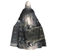 AACPPB Mystical Gray Snow Leopard Print Halloween Hooded Cloak Medieval Renaissance Style Costume Unisex Wizard Role Play
