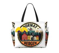 AACPPB Norway Bergen Houses Printed Oversized Beach Tote, Multi-Pocket Travel Bag, Lightweight Waterproof Pool Handbag
