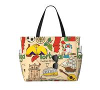 AACPPB Portugal Cultural Symbols Printed Oversized Beach Tote, Multi-Pocket Travel Bag, Lightweight Waterproof Pool Handbag