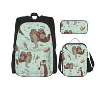 aacxzff 3Pcs School Essentials Cartoon Cute Otter Print Set for Students:School Bag+Pencil case+Lunch Bag Combination