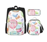 aacxzff 3Pcs School Essentials Cupcakes Donuts Muffins Sugar Print Set for Students:School Bag+Pencil case+Lunch Bag Combination