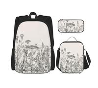 aacxzff 3Pcs School Essentials Floral Herbs Botanical Engraving Print Set for Students:School Bag+Pencil case+Lunch Bag Combination