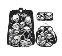aacxzff 3Pcs School Essentials Skull Background Print Set for Students:School Bag+Pencil case+Lunch Bag Combination