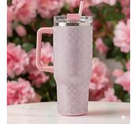 Aafan Large Rhinestone Insulated Tumbler with Handle & Straw, Glitter Travel Cup for Hot & Cold Drinks, Reusable Double-Wall Bling Mug for Home, Office, Gym & Car Cup (Light Pink)