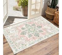 AAFUOO Boho Area Rugs 120x160cm(4×5.2ft) Vintage Washable Living Room Rug, Oriental Distressed Neutral Dusty Pink Green Floral Large Carpet for Bedroom Dining Room Entryway, Farmhouse Girls Room