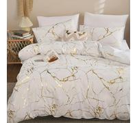 AAFUOO Marble Print Duvet Cover Set, White Gold Marble Textured Pattern Modern Abstract Comforter Quilt Cover for Kids Boys Girls 200x220cm(79x87in)+50x75cm(20x30in)*2 BeddingSet