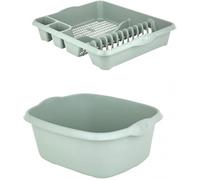AaH1 Set of 2 Plastic Rectangular Washing Up Bowl with Large Dish Drainer (Silver Sage)