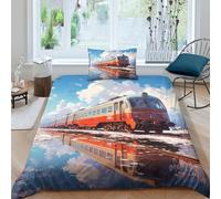 AAHARYA Cartoon Train Bedding Quilt Cover Set Soft Fade Resistant Breathable 3D Printed Anime Train Duvet Cover Set with Zipper Designs 3 Piece Set For Kids Adults Single（135x200cm）