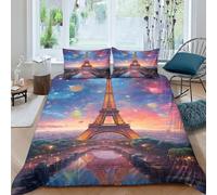 AAHARYA Eiffel Tower Paris 3D Night View Duvet Cover, Soft & Cosy Polycotton Quilt Bedding Sets With Pillow Case Double（200x200cm）
