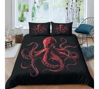 AAHARYA Octopus Duvet Cover Set 3D Dark Red Octopus Bedding Set Comforter Cover Set Bedspread Cover Microfiber 3 Piece Set Quilt Cover with Zipper Closure Soft King（220x240cm）