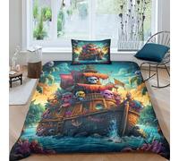 AAHARYA Pirate Ship 3D Duvet Cover Set,Skeleton Ship Bedding Set with Zipper Closure, Soft Microfiber Quilt Covers for Home Decor Single（135x200cm）