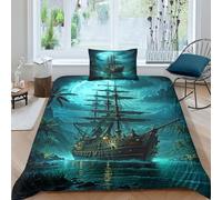 AAHARYA Pirate Ship 3D Pirate Ship Printed Duvet Cover with Pillowcases Bedding Set with Zipper Closure Hypoallergenic Soft Microfiber Quilt Cover Set Single（135x200cm）