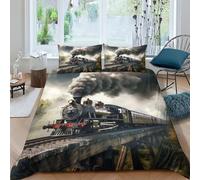 AAHARYA Steam Train Bedding Set,3D Travelling Train Duvet Cover Sets，Soft Microfiber Quilt Cover,Hidden Zipper, with Pillow Case Double（200x200cm）