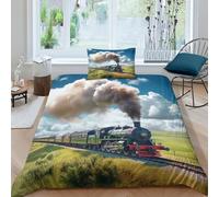 AAHARYA Travelling Train 3 Pieces Duvet Cover,3D Steam Train Printed Bedding Set,with Pillowcases,Hidden Zipper,soft Microfiber Quilt Cover Single（135x200cm）