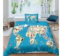 AAHARYA World Map 3D Printed Bedding Set for Children Teens Cartoon Pattern Duvet Cover Set with Pillowcases Microfiber Quilt Cover with Zipper Closure Single（135x200cm）