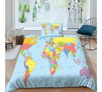 AAHARYA World Map 3D World Map Printed Duvet Cover with Pillowcases Bedding Set with Zipper Closure Hypoallergenic Soft Microfiber Quilt Cover Set Single（135x200cm）