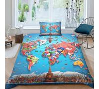 AAHARYA World Map Bedding Set Soft Microfiber National Flags Duvet Cover with A Sense of 3D Print for Kids,Adults,with Hidden Zipper Quilt Cover Pillowcase 3pcs Set Single（135x200cm）