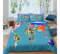 AAHARYA World Map Duvet Cover National Flags Bedding Set Soft Microfibe Quilt Cover,Hidden Zipper,Gift,with Pillowcase Double（200x200cm）