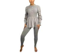AAIF RETAILS® Ladies Round Neck Ribbed Frill Peplum with Leggings Women Loungewear Suit Shirt Contrast Tracksuit Ladies Jumpsuit Set of 2 pc UK Size 08 to 14 one-size-fits-all (Grey 8-14 UK SIZE)