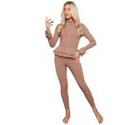 AAIF RETAILS® Ladies Round Neck Ribbed Frill Peplum with Leggings Women Loungewear Suit Shirt Contrast Tracksuit Ladies Jumpsuit Set of 2 pc UK Size 08 to 14 one-size-fits-all Camel