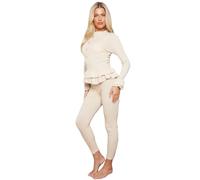AAIF RETAILS® Ladies Round Neck Ribbed Frill Peplum with Leggings Women Loungewear Suit Shirt Contrast Tracksuit Ladies Jumpsuit Set of 2 pc UK Size 08 to 14 one-size-fits-all Beige