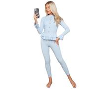 AAIF RETAILS® Ladies Round Neck Ribbed Frill Peplum with Leggings Women Loungewear Suit Shirt Contrast Tracksuit Ladies Jumpsuit Set of 2 pc UK Size 08 to 14 one-size-fits-all Baby Blue