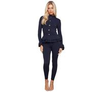 AAIF RETAILS® Ladies Round Neck Ribbed Frill Peplum with Leggings Women Loungewear Suit Shirt Contrast Tracksuit Ladies Jumpsuit Set of 2 pc UK Size 08 to 14 one-size-fits-all Navy Blue