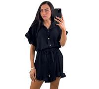 AAIF RETAILS® Women’s Gold Button Pleated Short Sleeve Plain Collared Frill Hem Belted Ladies Casual Loose Fit Oversized Baggy Swing Summer Playsuits for Women UK One Size 6-14 Black