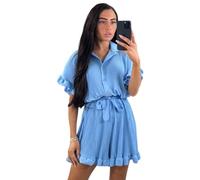 AAIF RETAILS® Women’s Gold Button Pleated Short Sleeve Plain Collared Frill Hem Belted Ladies Casual Loose Fit Oversized Baggy Swing Summer Playsuits for Women UK One Size 6-14 Sky Blue